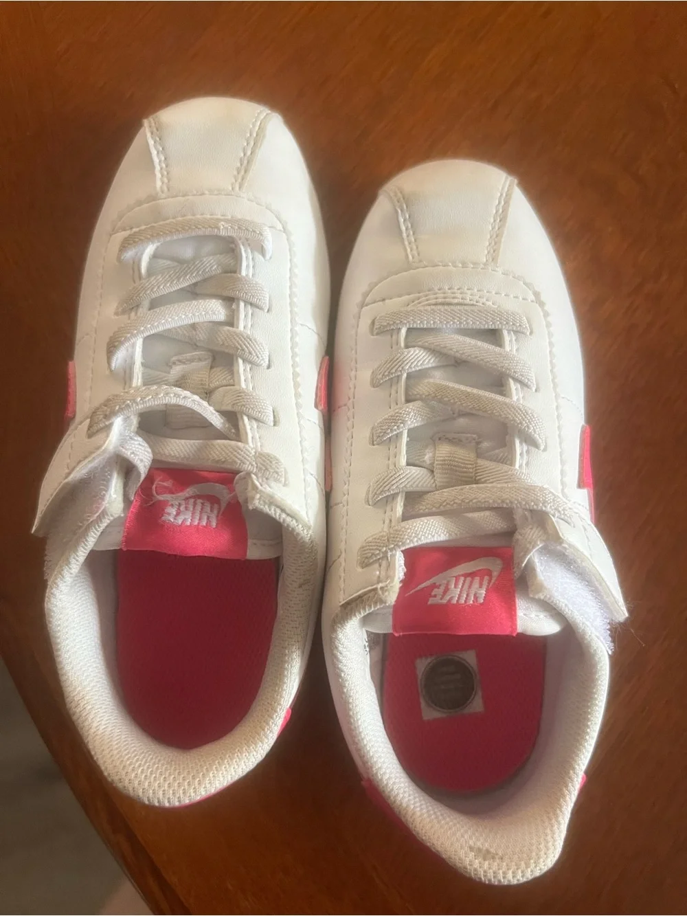 Nike Kids White Sneaker with Pink Swoosh Cortez 11c